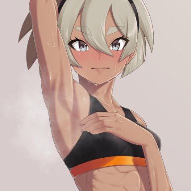 1girls, abs, arm up, armpit pheromones, armpits, bea (pokemon), belly, blonde hair, bra, brown eyes, dark skin, dark-skinned female, eye contact, female, female only