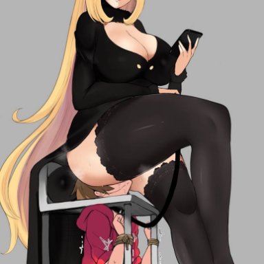 1boy, 1girls, age difference, alternate breast size, alternate eye color, artist request, ass, big breasts, black thighhighs, blonde hair, blush, bondage, bored, bottomless, breasts
