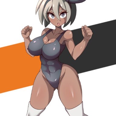 1girls, abs, alternate breast size, alternate outfit, armpits, ass, bare arms, bare shoulders, bea (pokemon), belly, big ass, black background, black bow, blonde hair, blush