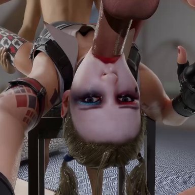 1girls, 2boys, 3d, animated, balls, batman (series), big penis, blender, cassie cage, cosplay, dc, deepthroat, erection, fellatio, female