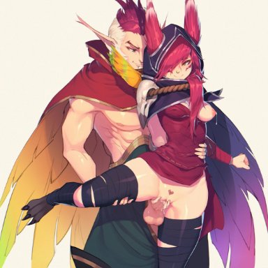 balls, breasts, ce- -3, female, league of legends, male, pussy, rakan, sex, xayah