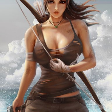 1girls, big breasts, breasts, cleavage, female, female only, lara croft, large breasts, looking at viewer, pinup, solo, tomb raider, torn clothes, yupachu