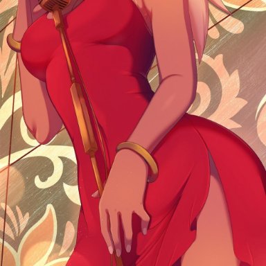 blonde hair, breasts, brown skin, clothed, dress, female, gravity rush, kat (gravity rush), merunyaa, microphone, red dress, red eyes, solo