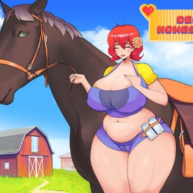 belly, big breasts, bottle, bottom heavy, brown fur, cleavage, cover, curvy, farm, fat folds, female, feral, flower in hair, game cover, grass