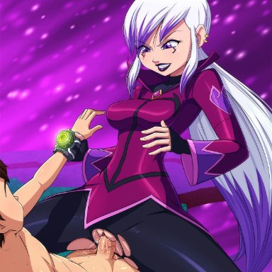 1boy, 1girls, arm grab, background, ben 10, ben tennyson, big breasts, charmcaster, clitoral hood, clitoris, clothed female nude male, clothed sex, collarbone, cowgirl position, erection