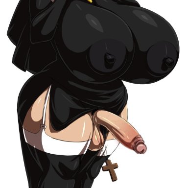 1futa, bakudemon, bare shoulders, big breasts, big penis, bimbo, black dress, black footwear, black gloves, black legwear, black lipstick, black stockings, busty, censored, cross