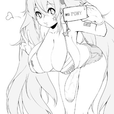 1futa, 2016, ahoge, big ass, bikini top, black and white, bra, cleavage, denim shorts, flaccid, foreskin, futa only, futanari, hanging breasts, hatsune miku