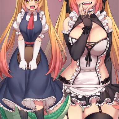 1girls, big breasts, blush, breasts, cleavage, female, female only, iwbitu, large breasts, looking at viewer, miss kobayashi's dragon maid, open mouth, solo, thighhighs, tohru (dragon maid)