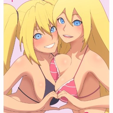 2girls, abs, bare arms, bare shoulders, bbw, big breasts, bikini, bikini bottom, bikini top, black bikini, black swimsuit, blonde hair, blue eyes, blush, boruko