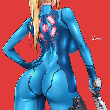 1girls, alternate breast size, artist name, ass, back, blonde hair, bodysuit, breasts, butt crack, clothed, curvy, english text, female, female focus, from behind