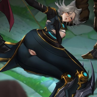 1girls, areolae, big breasts, breasts, camille, clothing, defeated, exposed breasts, exposed pussy, female, female focus, hair, heheneko, imminent rape, league of legends