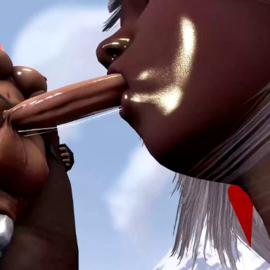 1futa, 1girls, 3d, animated, areolae, balls, big breasts, breasts, cum, cum in mouth, cum inside, cumshot, dark-skinned female, dark-skinned futanari, dickgirl