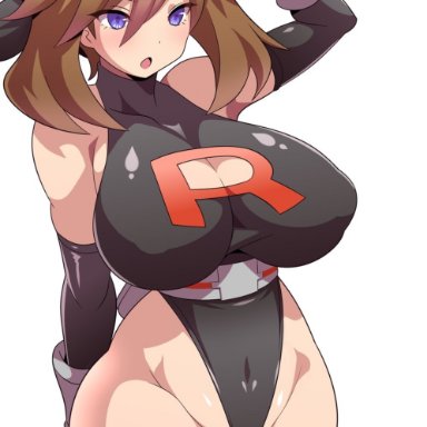 1girls, alternate breast size, alternate outfit, belly, belt, blue eyes, bodysuit, breasts, brown hair, cleavage, clevage cutout, clothed, cosplay, cutout, female