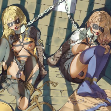 armbinder, ball gag, blindfold, blonde hair, bondage, breasts, cum, dildo, dungeon, femsub, fire emblem, fire emblem: three houses, gag, gorudazo, ingrid (fire emblem)