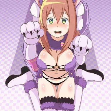 1girls, animated, aster-effect, big breasts, breasts, brown hair, cat ears, cleavage, closed eyes, clothing, cosplay, crossover, cute, dangerous beast (cosplay), doki doki literature club