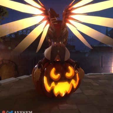 3d, ass, avesfm, blender, buttplug, halloween, mercy, outdoors, overwatch, pumpkin, witch hat