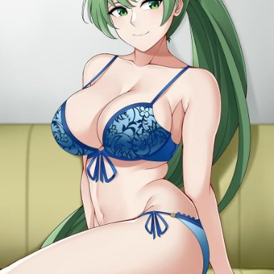 aslindsamure, ass, bangs, bare shoulders, blue bra, blue panties, bra, breasts, cleavage, closed mouth, collarbone, couch, edit, female, fire emblem