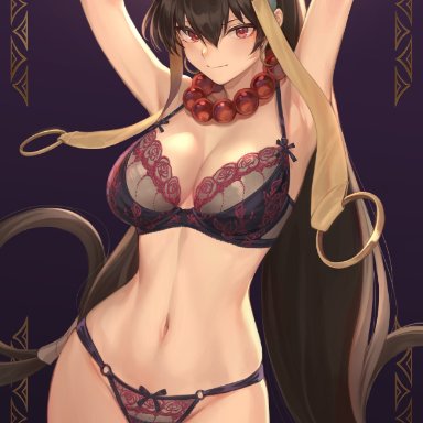 1girl, armpits, arms up, bangs, bare shoulders, bead necklace, beads, blush, bra, breasts, brown hair, cleavage, closed mouth, detached sleeves, earrings