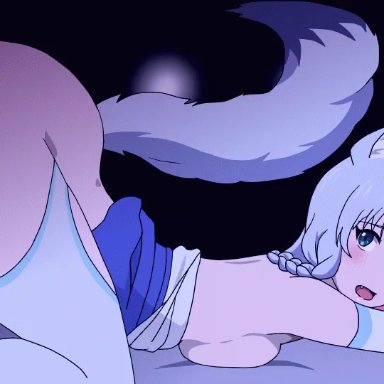 animal humanoid, animated, bed, blue eyes, bodily fluids, breasts, canid, canid humanoid, canine, canine humanoid, doggy style, female, fur, furniture, genital fluids