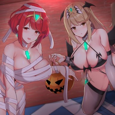 2girls, bandage, bandages, bat wings, bed, bent over, bikini, black bikini, blanket, blonde hair, blush, breasts, bridal gauntlets, choker, cleavage