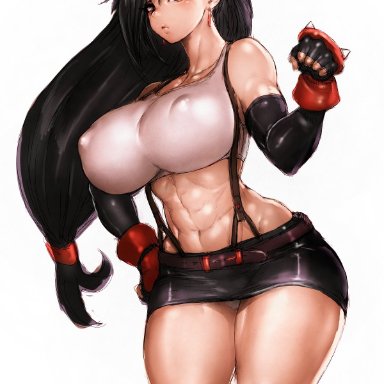 1girls, abs, breasts, cleavage, erect nipples, female, female only, final fantasy, final fantasy vii, fumio (rsqkr), huge breasts, looking at viewer, nipples, solo, tifa lockhart