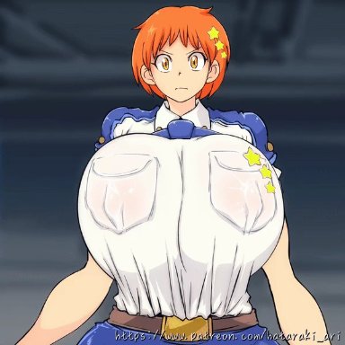 :o, 1:1 aspect ratio, 1boy, animated, areolae, bare breasts, belt, blue skirt, blush, bouncing breasts, breasts, brown gloves, curvaceous, displeased, duo