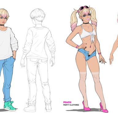 1boy, ass, blonde hair, blue eyes, choker, comparison, crop top, crossdressing, dmitrys, eyewear on head, femboy, hand on hip, high heels, highlights, lipstick