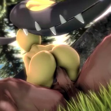 1boy, 1girls, 3d, adriandustred, animated, anthro, anthrofied, ass, big breasts, big mouth, big testicles, black hair, bouncing breasts, breasts, cowgirl position