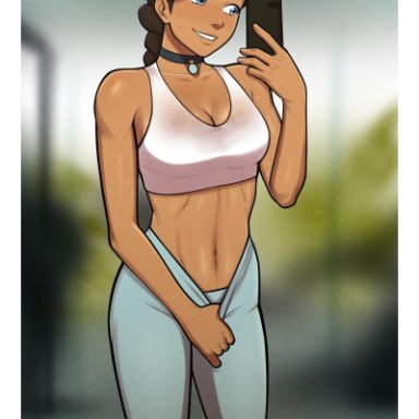 1girls, abs, after workout, aged up, athletic, avatar the last airbender, bare shoulders, blue eyes, braid, breasts, choker, cleavage, dark skin, dark-skinned female, female