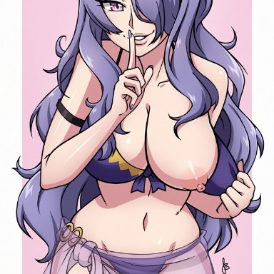 bikini, breasts, camilla, camilla (fire emblem), cleavage, fire emblem, fire emblem fates, hand on breasts, hand over mouth, huge breasts, naughty face, purple eyes, purple hair, teasing