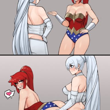 2girls, 2koma, american flag print, ass, bare shoulders, bent over, cleavage, clothed sex, comic, cosplay, crossover, cum on ass, cum on face, dickgirl, doggy style