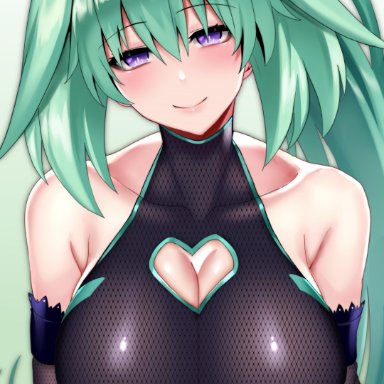 big breasts, breasts, choujigen game neptune, green hair, green heart, heart cutout, long hair, neptunia (series), nipples, nyamota (noraneko koubou), purple eyes, smile, vert, white skin