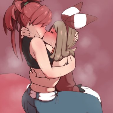 2girls, back, bandana, big breasts, blush, bow, breasts, brown hair, cleavage, clothed, clothes, female, flannery, game freak, half-closed eyes