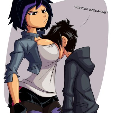 1male, big breasts, big hero 6, black hair, breasts, brown eyes, busty, cleavage, clothing, disney, eyelashes, eyeshadow, female, fingerless gloves, gogo tomago