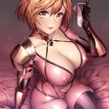 1girls, absurdres, armor, bangs, black gloves, black legwear, blonde hair, blush, bodysuit, breasts, brown eyes, cleavage, collarbone, condom, crossed legs