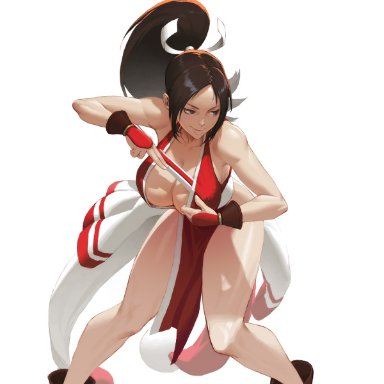 action pose, ass, bare arms, bare legs, bare shoulders, big breasts, breasts, brown eyes, brown hair, cleavage, eyelashes, eyeliner, fan, fatal fury, female