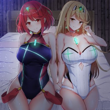 2girl, 2girls, bangs, bare shoulders, bed, blonde hair, breasts, cleavage, competition swimsuit, covered navel, female, female only, gem, headpiece, highres