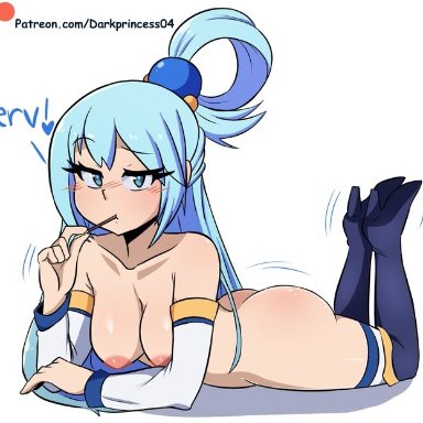 aqua (konosuba), ass, big breasts, blue hair, darkprincess04, kono subarashii sekai ni shukufuku wo!, nude, on stomach, the pose, thighs