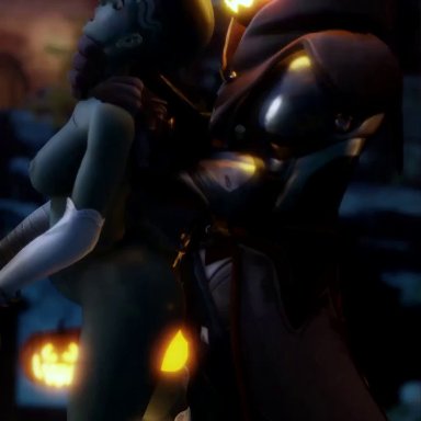 3d, animated, blender, blizzard entertainment, choking, female, from behind, halloween, male, moaning, overwatch, reaper, sombra, sound, standing sex