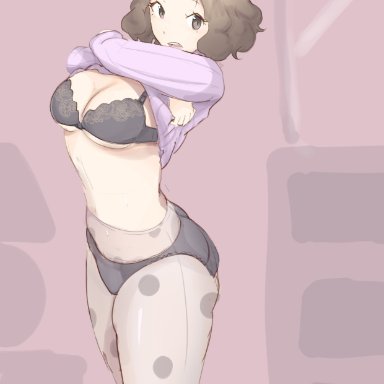 1girls, big breasts, brown hair, cleavage, female only, fluffy hair, haru okumura, kkyz13, lace-trimmed bra, pantyhose, persona, persona 5, short hair, surprised, thick thighs