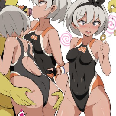 1boy, 1girls, abs, absurdres, alternate outfit, ass, ass grab, back, bar censor, bare shoulders, bea (pokemon), black gloves, black hairband, black swimsuit, blush