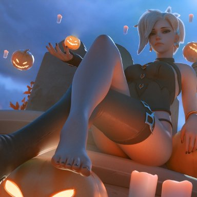 1girls, 3d, blonde hair, feet, female, female only, halloween, looking at viewer, mercy, overwatch, pinup, solo, thighhighs, toes, velocihaxor