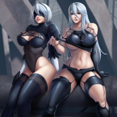 2girls, alternate breast size, big breasts, breasts, cleavage, curvaceous, female, female only, flowerxl, large breasts, looking at viewer, nier, nier: automata, spread legs, thighhighs