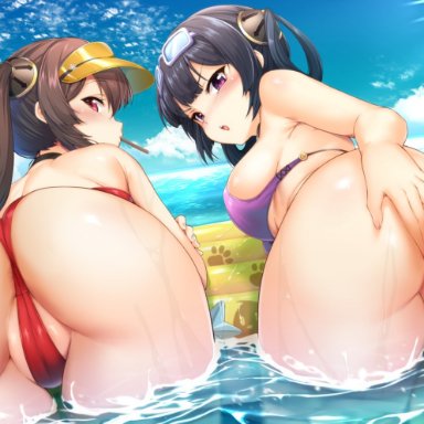 anthro, anus, ass, ass grab, azur lane, bikini, black hair, blush, breasts, brown hair, cameltoe, chibi, choker, close, clouds