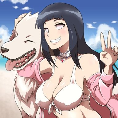 1animal, 1girls, abs, akamaru (naruto), bare shoulders, bbw, beach, beastiality, big breasts, bikini, bikini top, blue hair, bulge, busty, canine