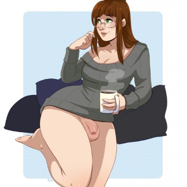 1futa, ass, balls, big ass, big balls, big breasts, blush, bottomless, breasts, brown hair, cleavage, coffee, dickgirl, digital media (artwork), flaccid