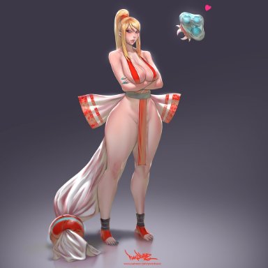 1girls, beauty mark, big breasts, blonde hair, breasts, cleavage, cosplay, crossed arms, fatal fury, female, female only, king of fighters, large breasts, legs, mai shiranui