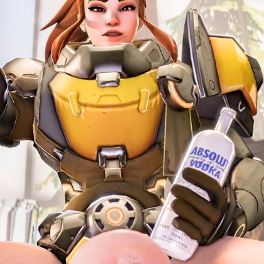 1futa, 3d, 3d (artwork), alcohol, armor, balls, blizzard entertainment, bottle, brigitte, cum, cum in mouth, dickgirl, drunk, futa only, futanari