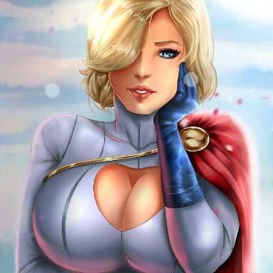 big breasts, blonde hair, blue eyes, cape, cleavage cutout, costume, dc, flowerxl, gloves, karen starr, kryptonian, looking at viewer, mature female, power girl, short hair