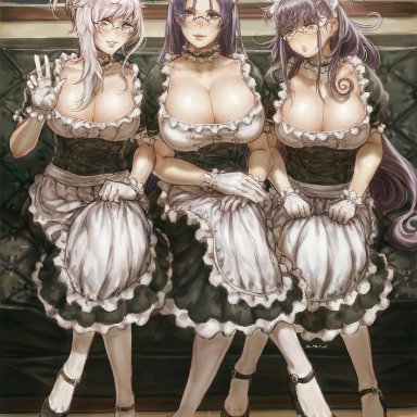 3girls, breasts, cleavage, fate (series), fate/grand order, female, female only, glasses, huge breasts, looking at viewer, maid, maid headdress, minamoto no raikou (fate/grand order), miyamoto musashi (fate/grand order), murasaki shikibu (fate)